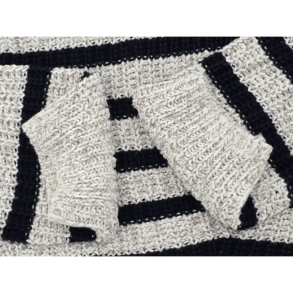 H&M Chunky Knit Sweater Women's Black Off-White Striped Loose Fit Pullover- L‎
